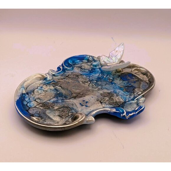 Handcrafted Resin Jewelry Dish With Butterfly Accent-Blue & Silver Swirl Design - Picture 3 of 7